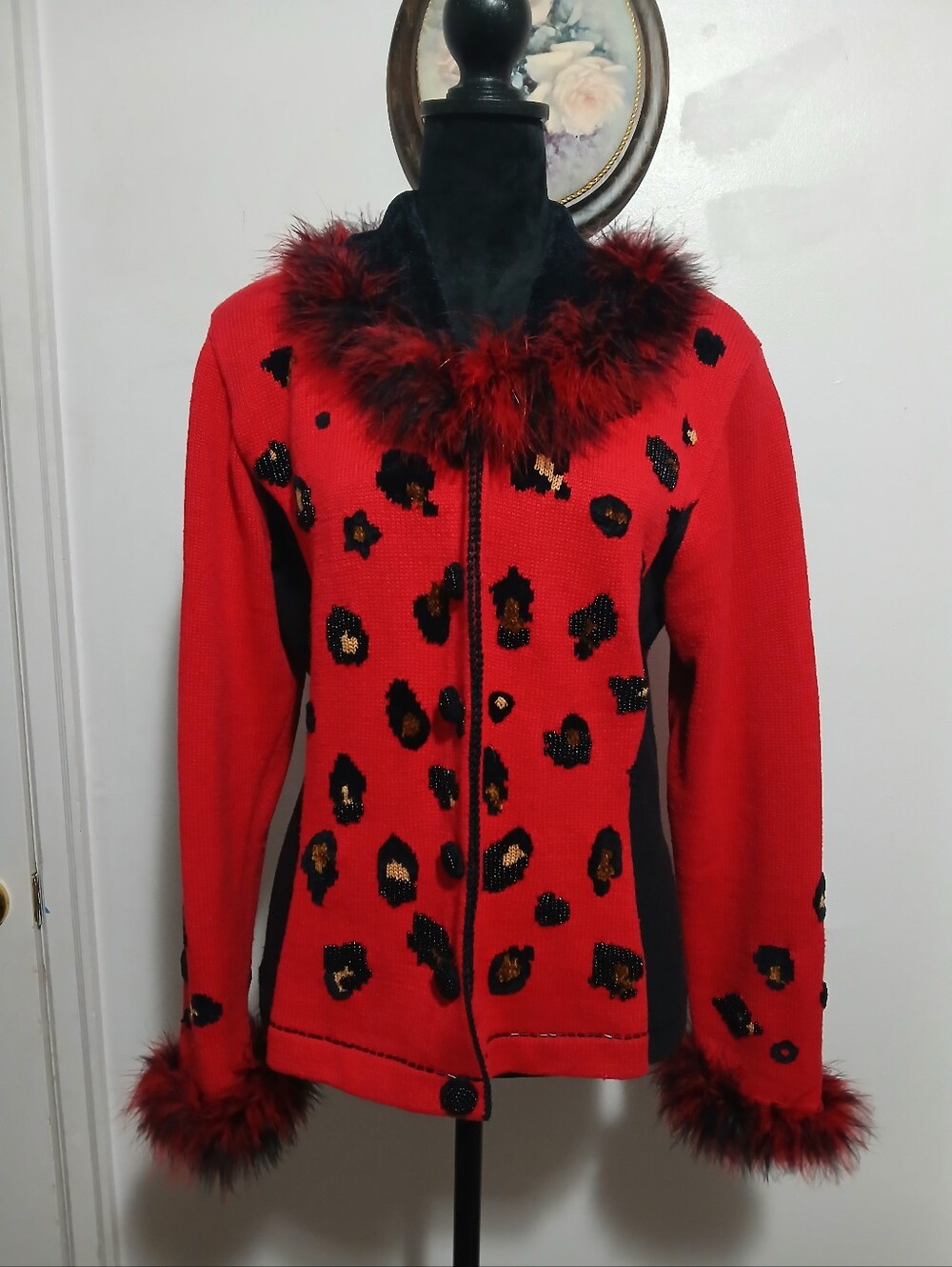 Vintage Berek Takako Sakon Sweater Cardigan Womens M Fur Trim Knit Beaded